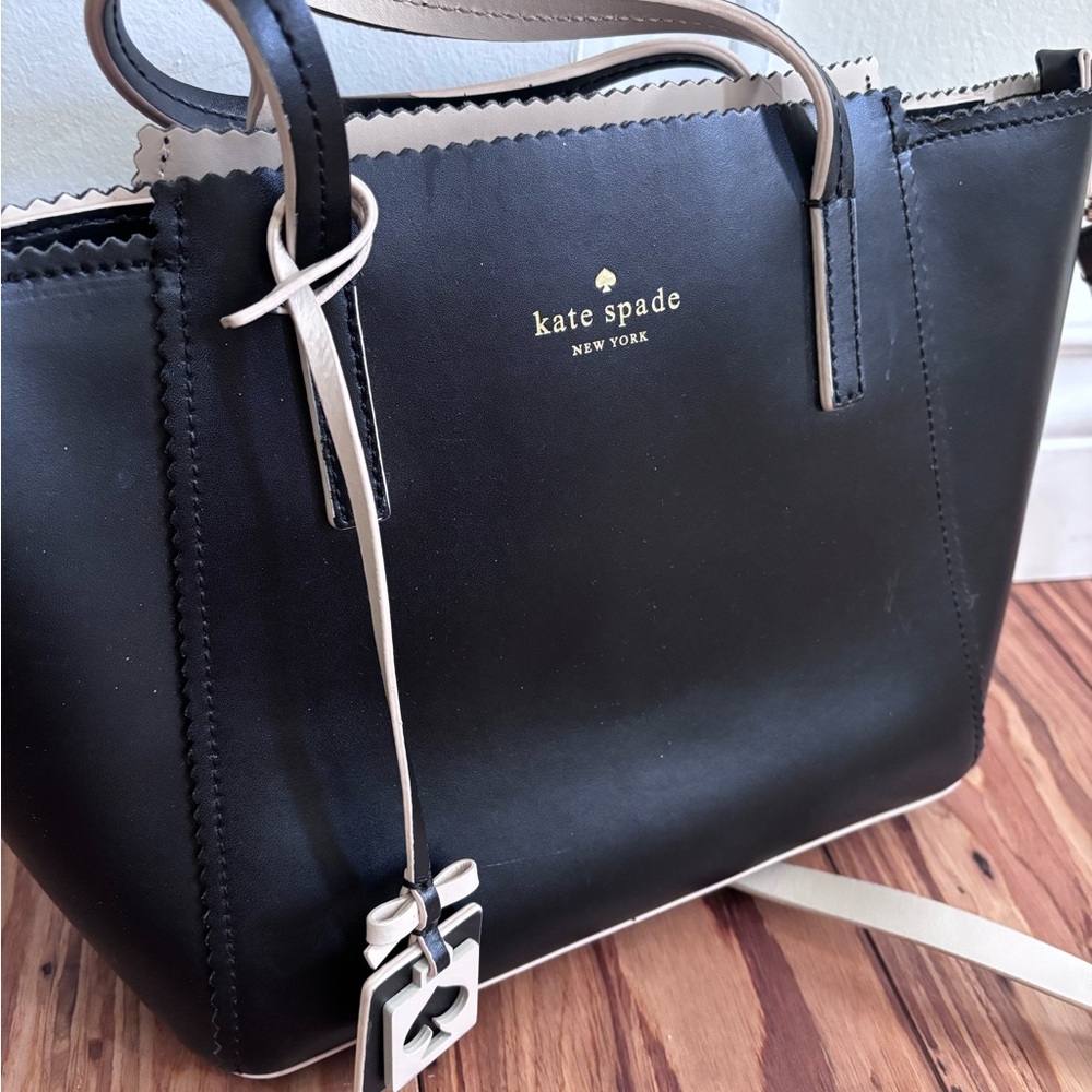 kate spade Black Leather Tote with Cream Trim and Gold Logo